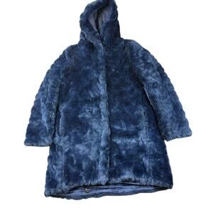 Sisley Hooded Coat Women 2 Blue Faux Fur Clip Buttons Gray Wool Lined Hood Plush